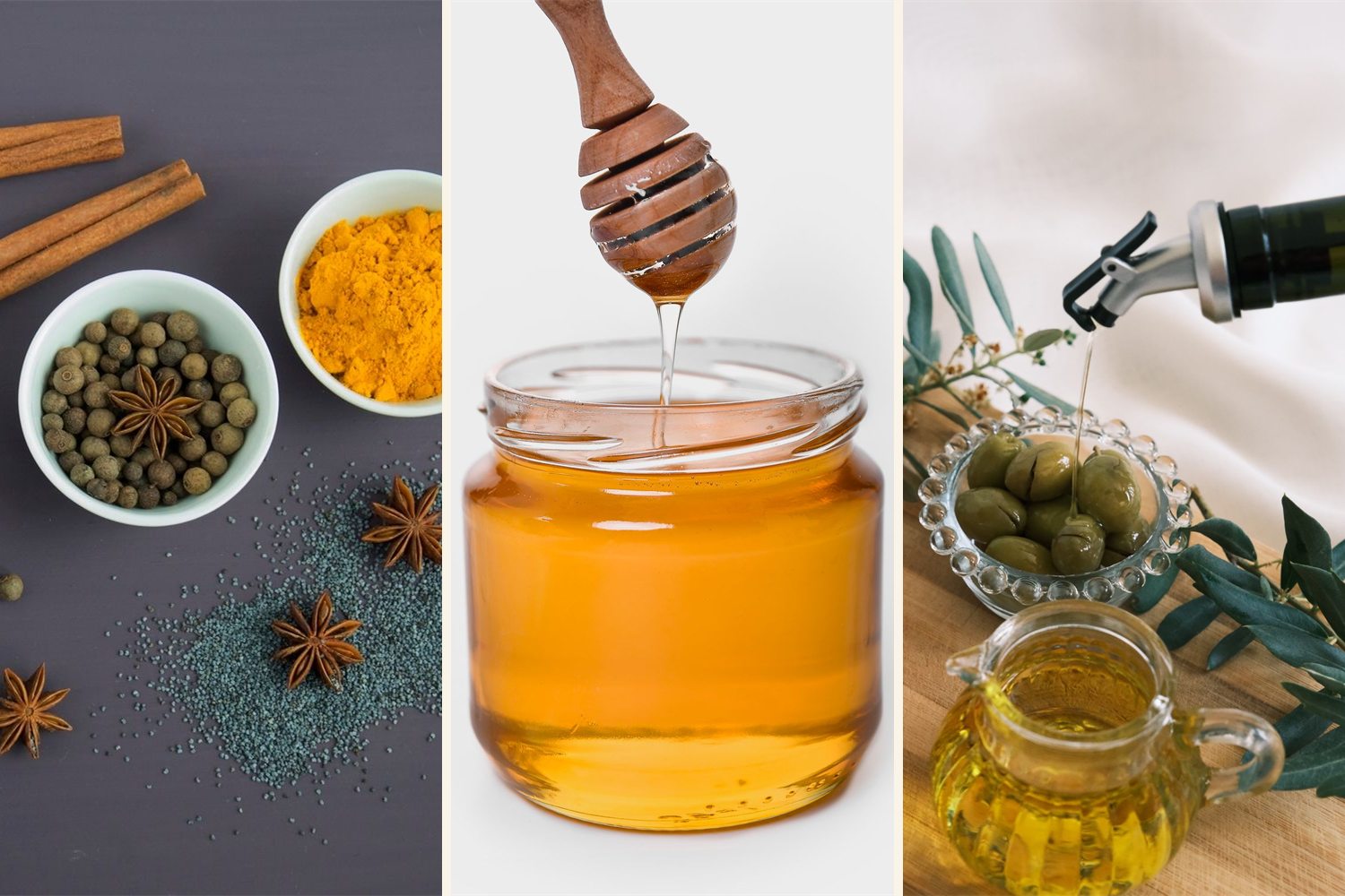 De inhoud van het lanceringspakket: specerijen, honing en olijfolie